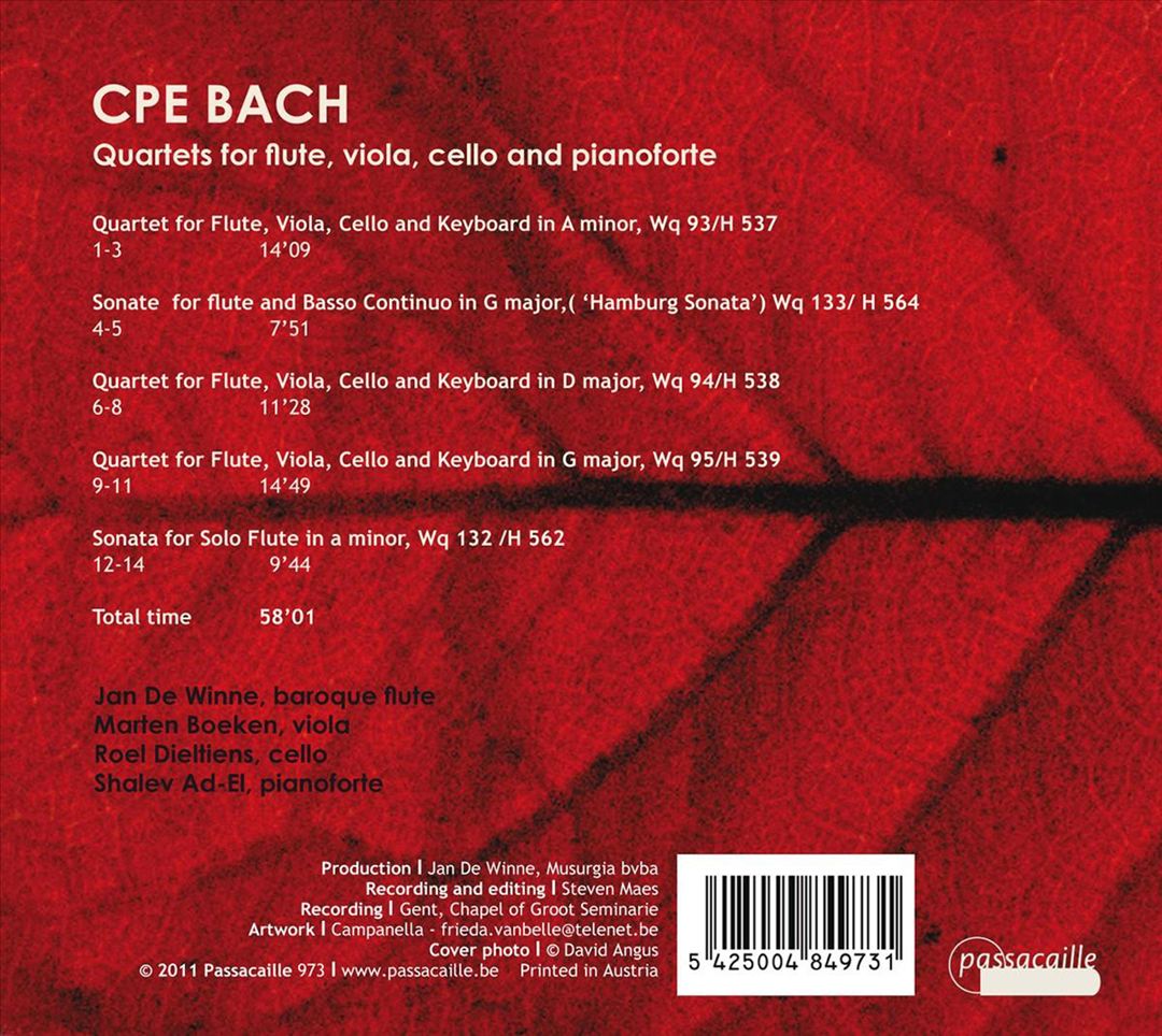 C.P.E. Bach: Quartets for Flute, Viola, Cello & Piano cover art