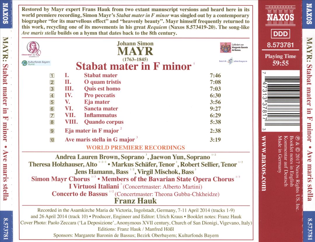 Johann Simon Mayr: Stabat mater in F minor; Eja mater; Ave maris stella cover art