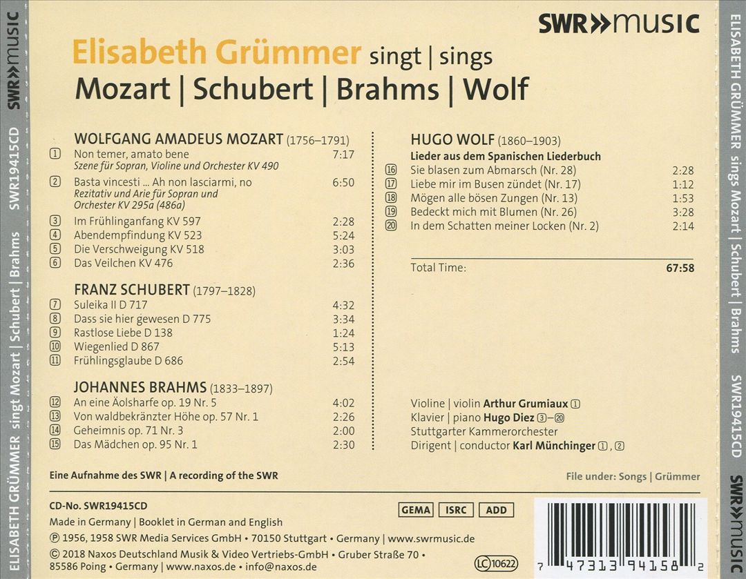 Elisabeth Grümmer sings Mozart, Schubert, Brahms, Wolf cover art