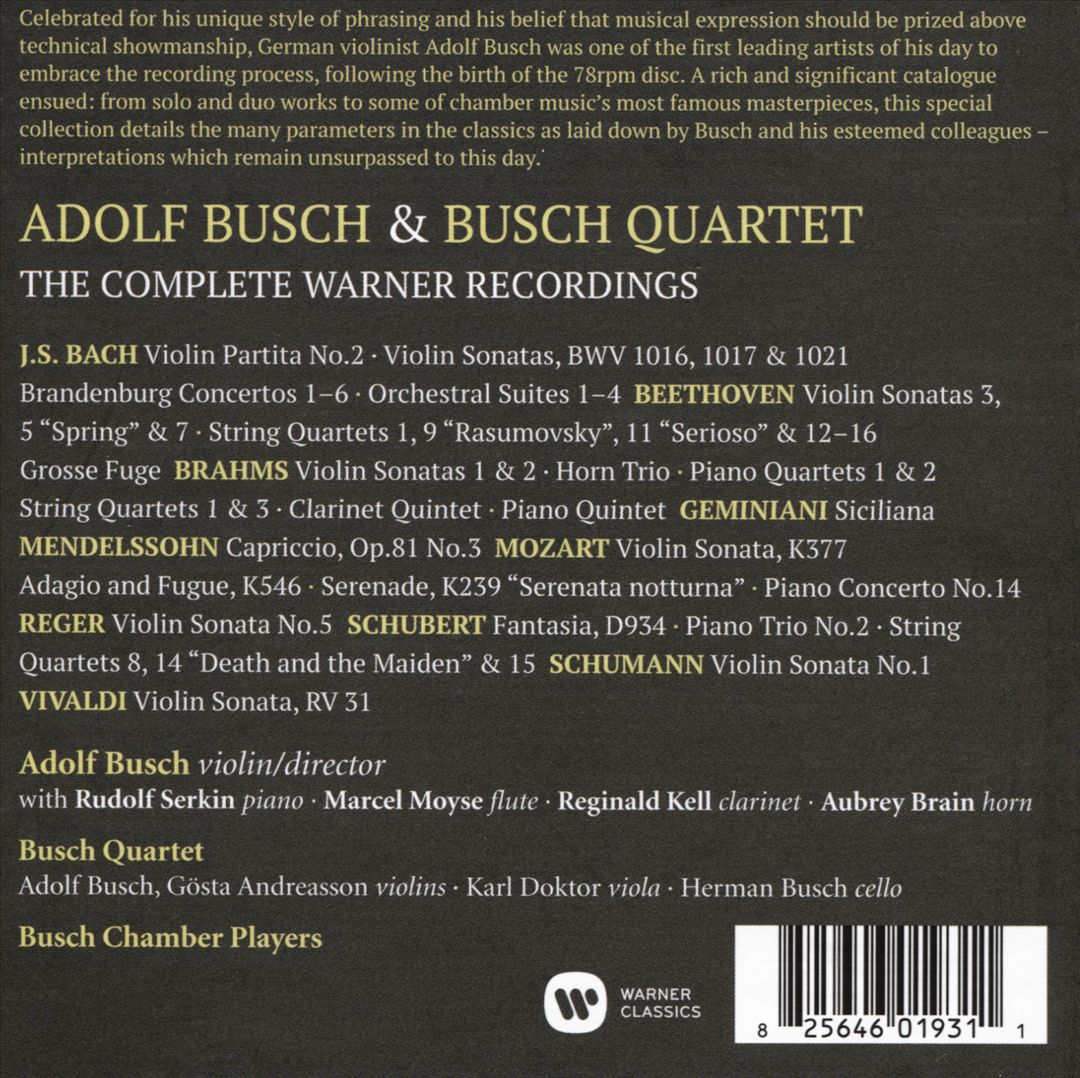 Adolf Busch & Busch Quartet: The Complete Warner Recordings cover art