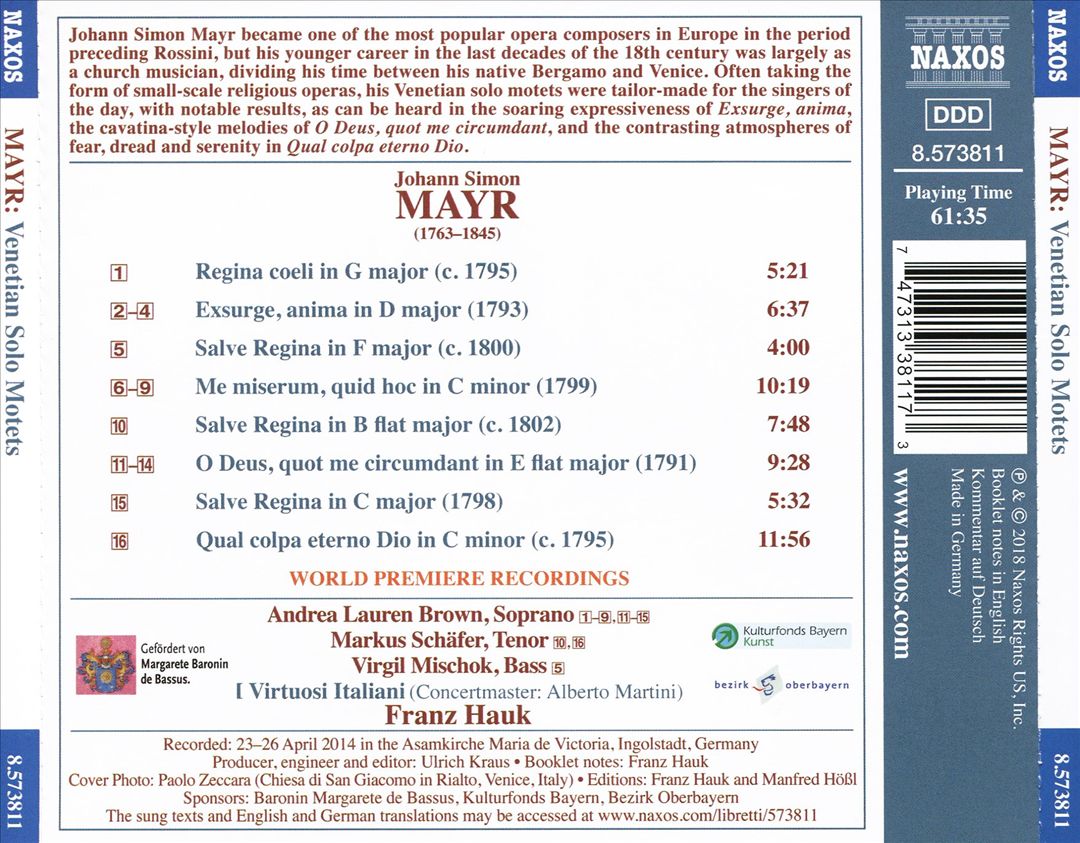 Johann Simon Mayr: Venetian Solo Motets cover art