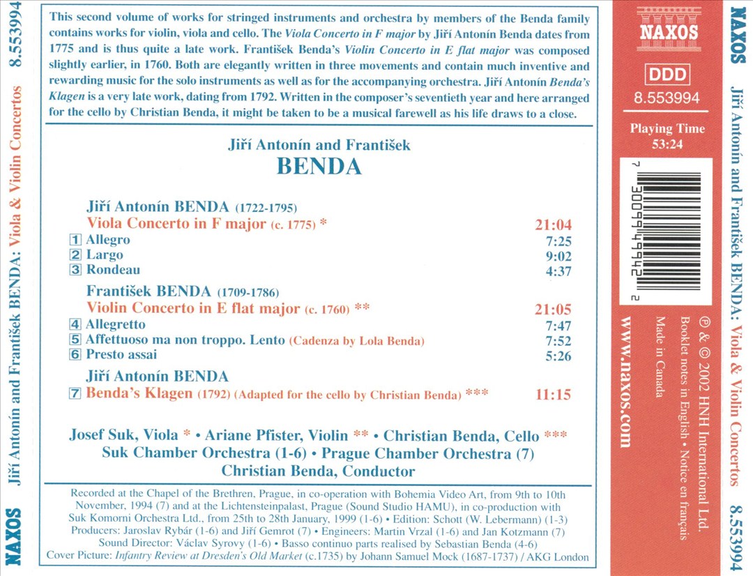 J.A. Benda: Viola Concerto in F major; F. Benda: Violin Concerto in E flat major cover art
