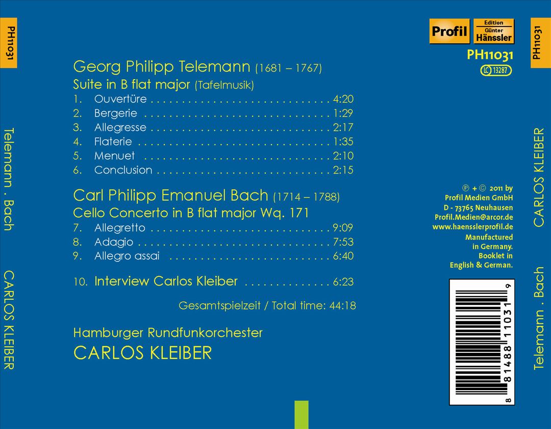 C.P.E. Bach: Cello Concerto in B flat major; G.P. Telemann: Suite in B flat major cover art