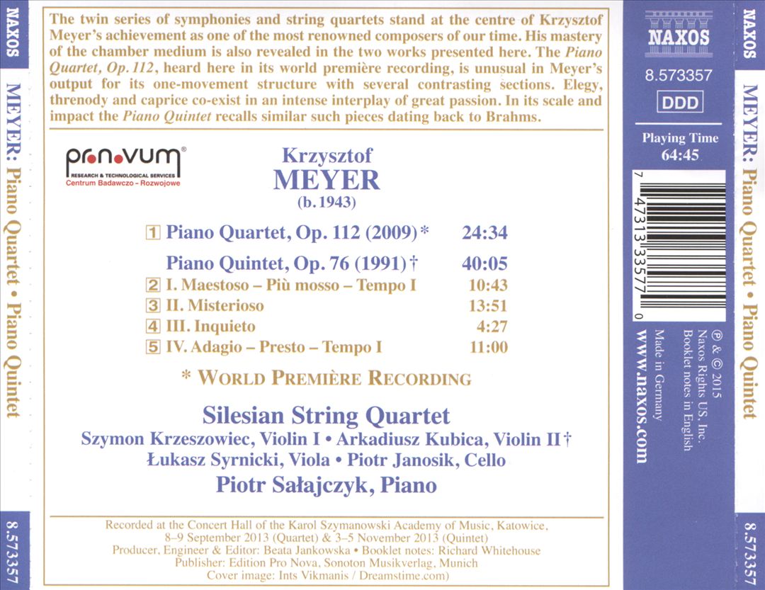 Krzysztof Meyer: Piano Quintet; Piano Quartet cover art