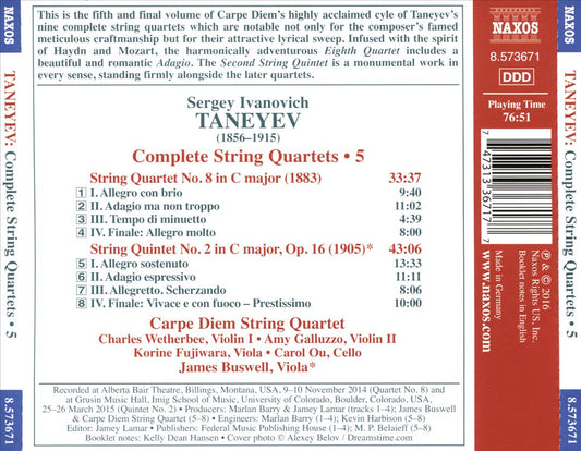 Taneyev: Complete String Quartets, Vol. 5 - String Quartet No. 8, String Quintet No. 2 cover art