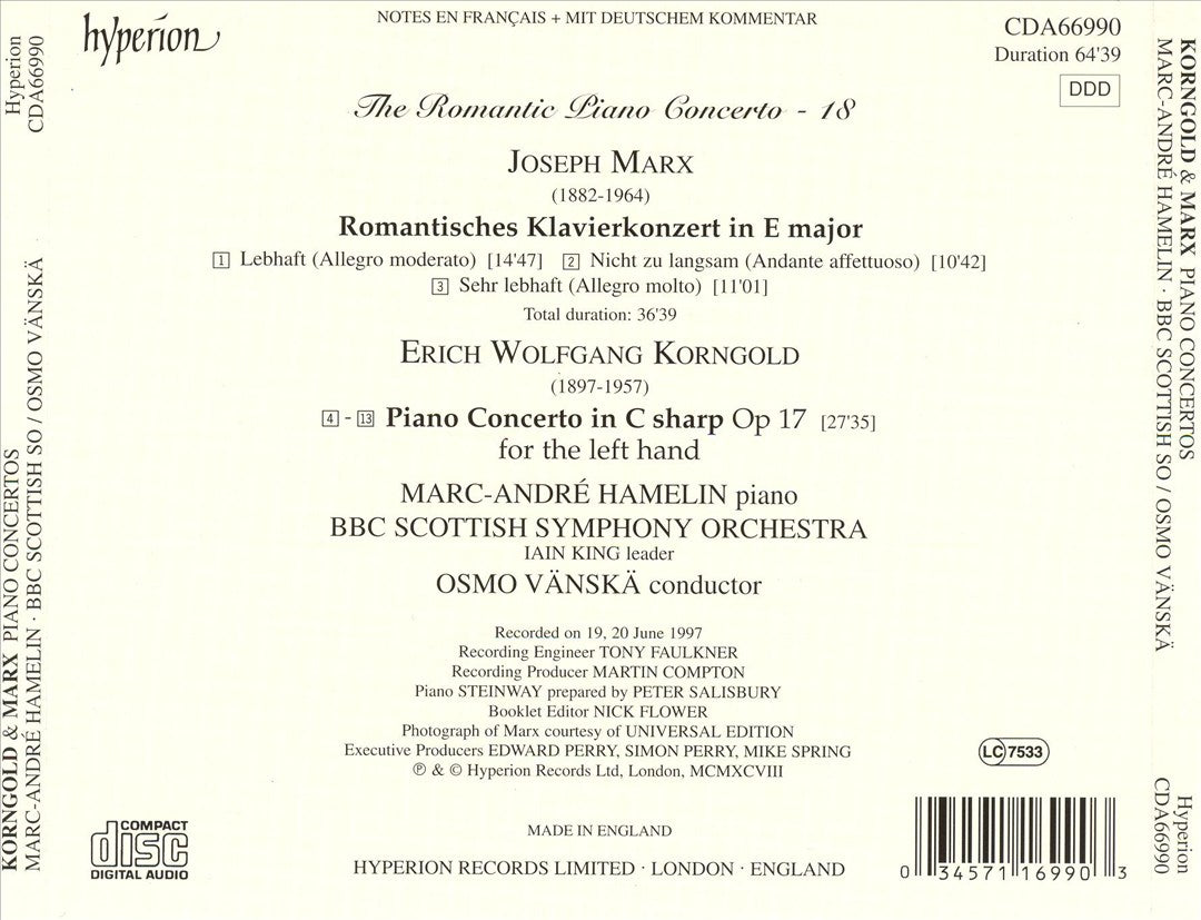 Korngold: Piano Concerto, Op. 17; Marx: Romantisches Klavierkonzert cover art