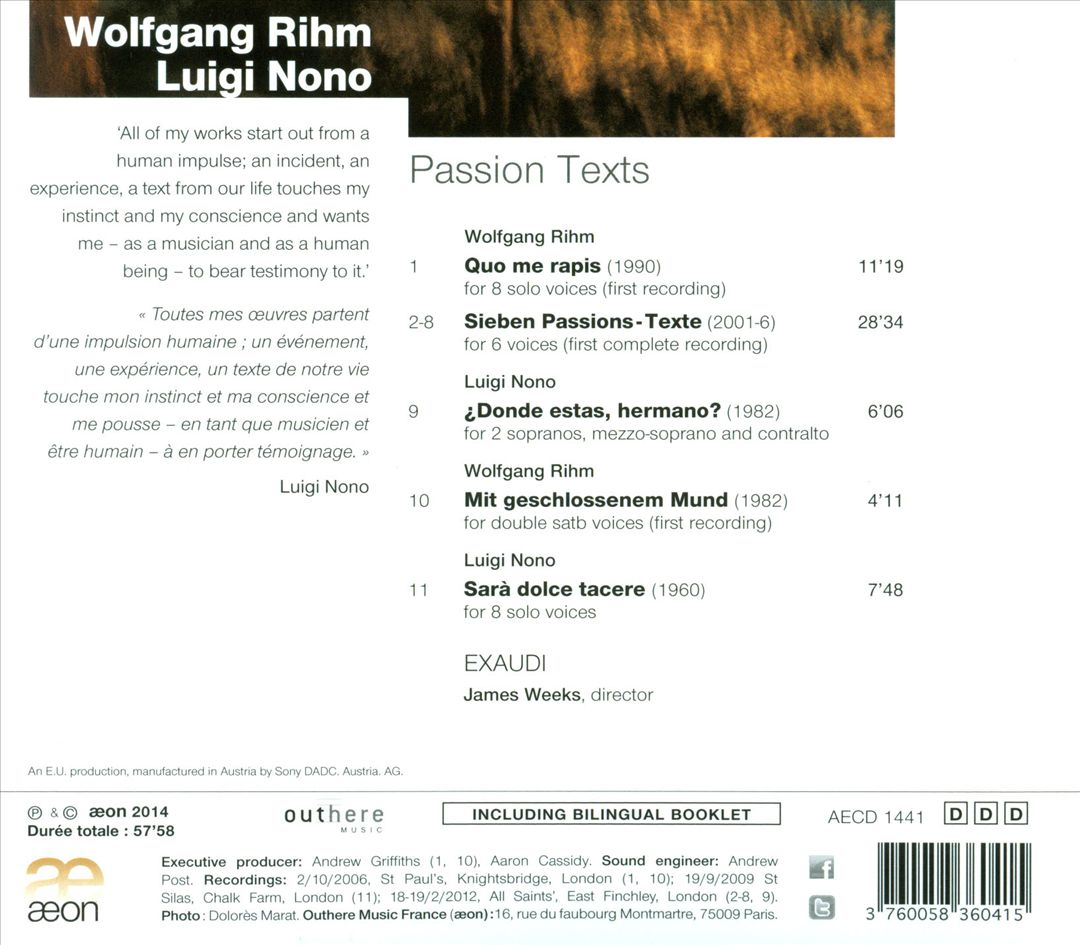 Wolfgang Rihm, Luigi Nono: Passion Texts cover art