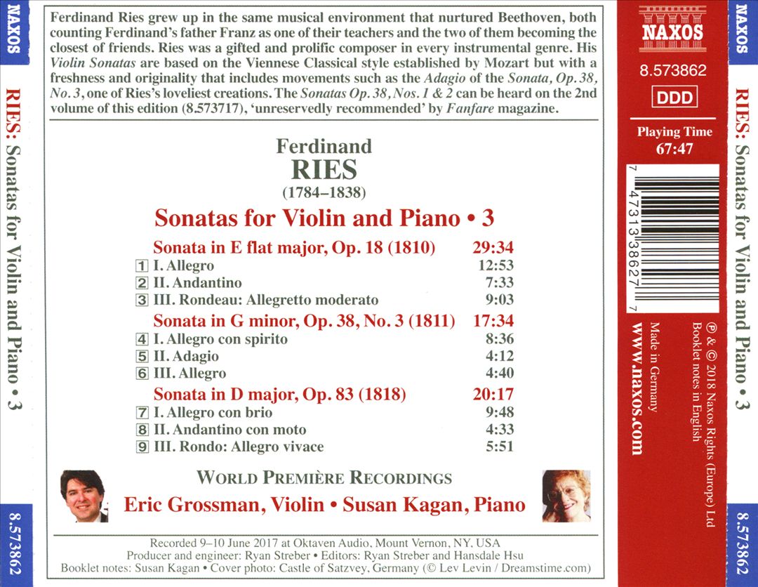 Ferdinand Ries: Sonatas for Violin and Piano, Vol. 3 cover art