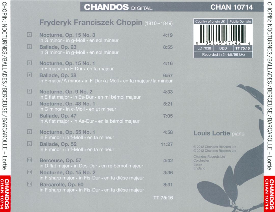 Louis Lortie Plays Chopin, Vol. 2: Nocturnes; Ballades; Berceuse; Barcarolle cover art
