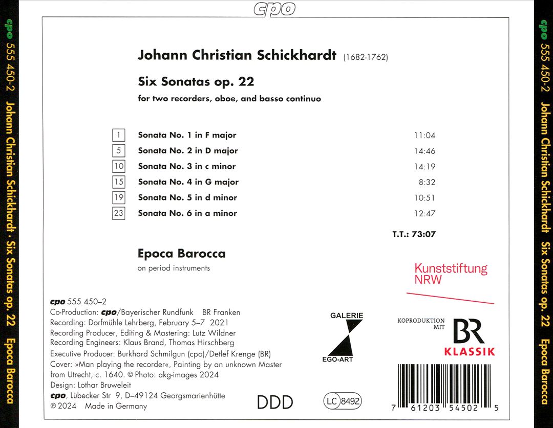 Johann Christian Schickhardt: Sonate a quattro Op. 22 cover art