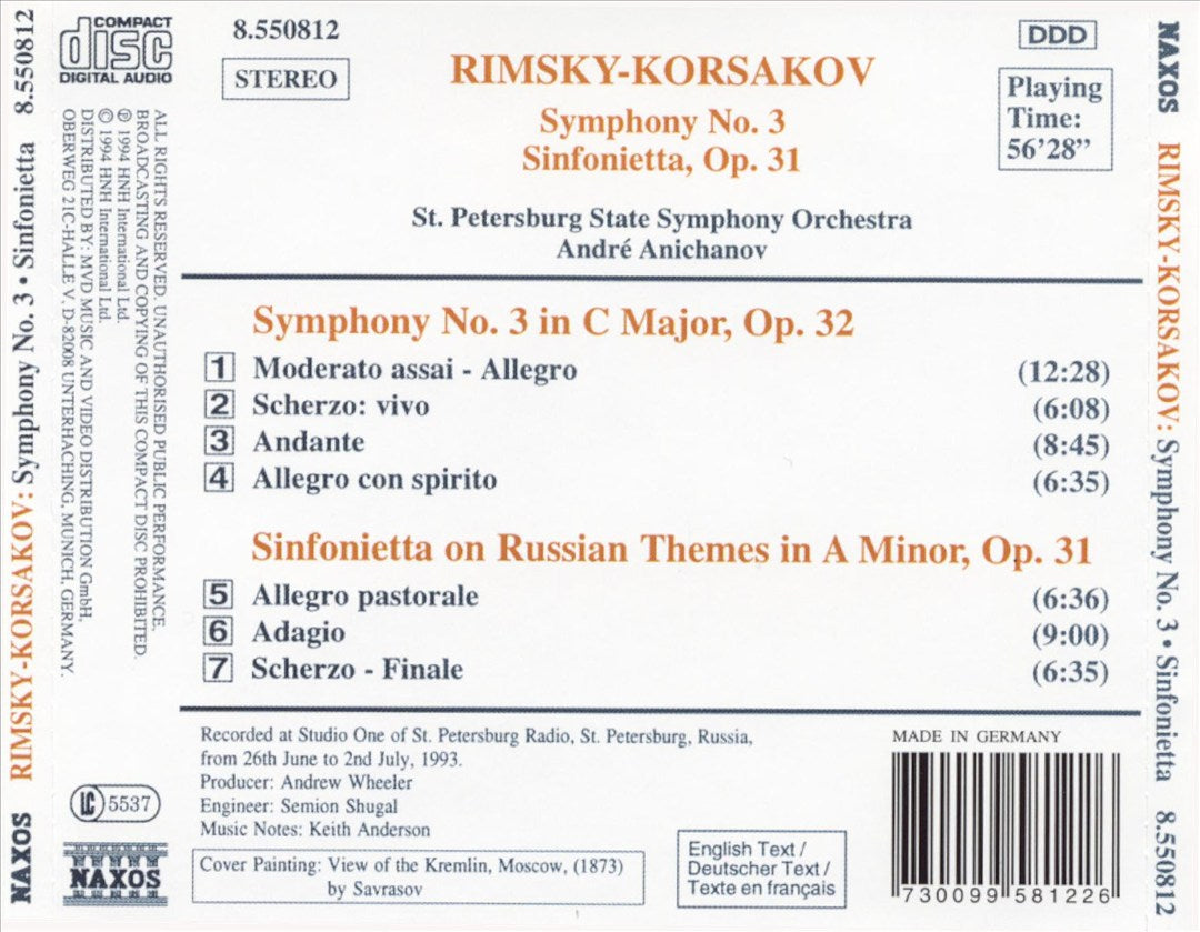 Rimsky-Korsakov: Symphony No. 3; Sinfonietta on Russian Themes cover art