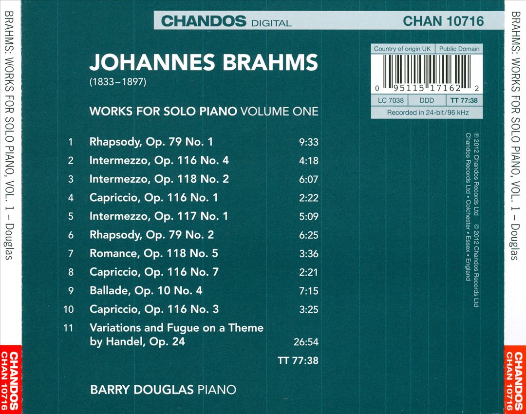 Brahms: Works for Solo Piano, Vol. 1 cover art