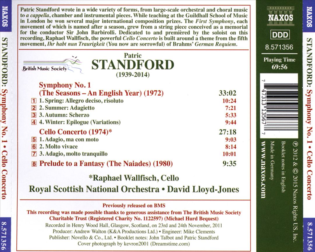 Patric Standford: Symphony No. 1; Cello Concerto; Prelude to a Fantasy cover art