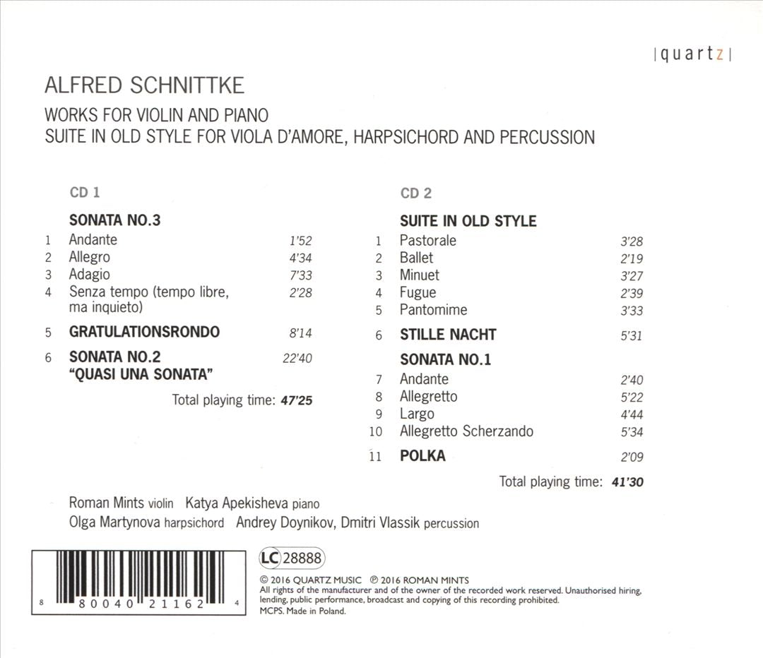 Alfred Schnittke: Works for Violin and Piano; Suite in Old Style for Viola d'Amore, Harpsichord and Percussion cover art