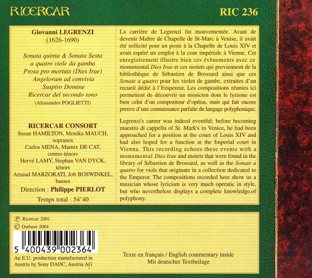 Legrenzi: Dies Irae; Sonata a quattro viole; Motetti cover art