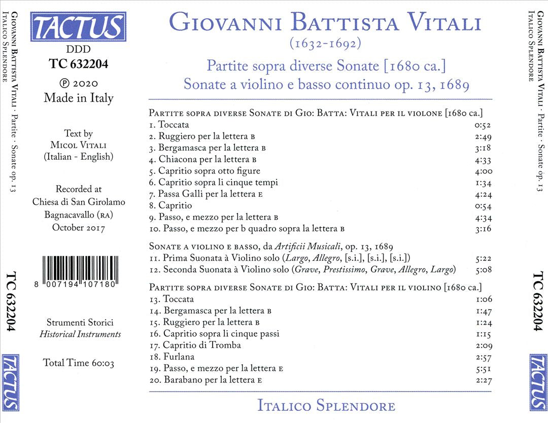 Giovanni Battista Vitali: Partite; Sonate Op. 13, 1689 cover art
