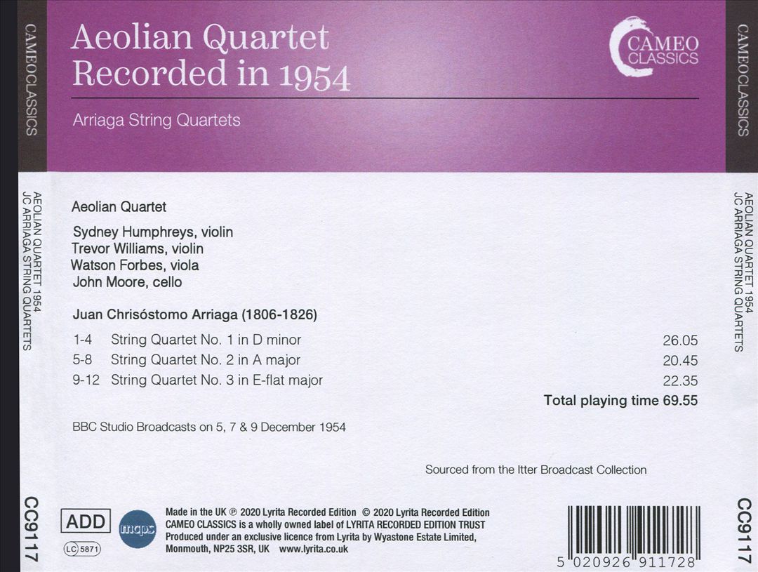 Juan Chrisóstini Arriaga: The Three String Quartets - Recorded in 1954 cover art