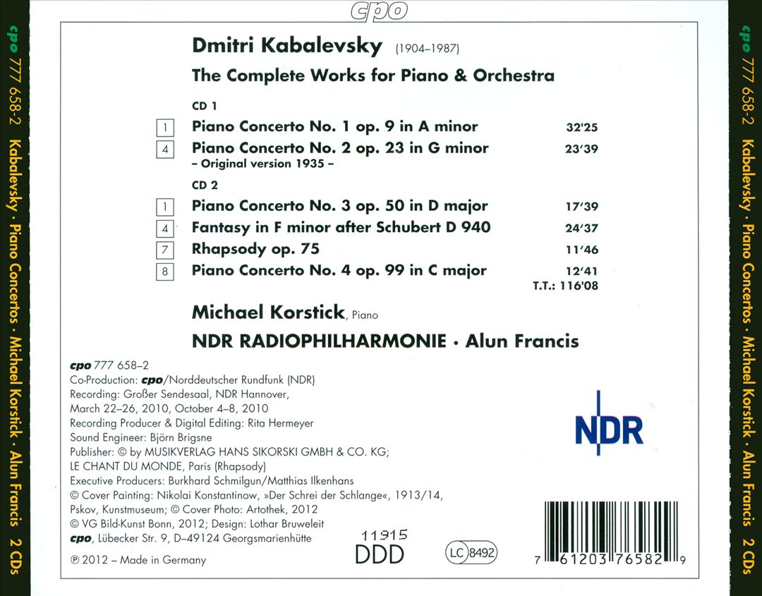 Dmitry Kabalevsky: Complete Piano Concertos; Fantasy; Rhapsody cover art