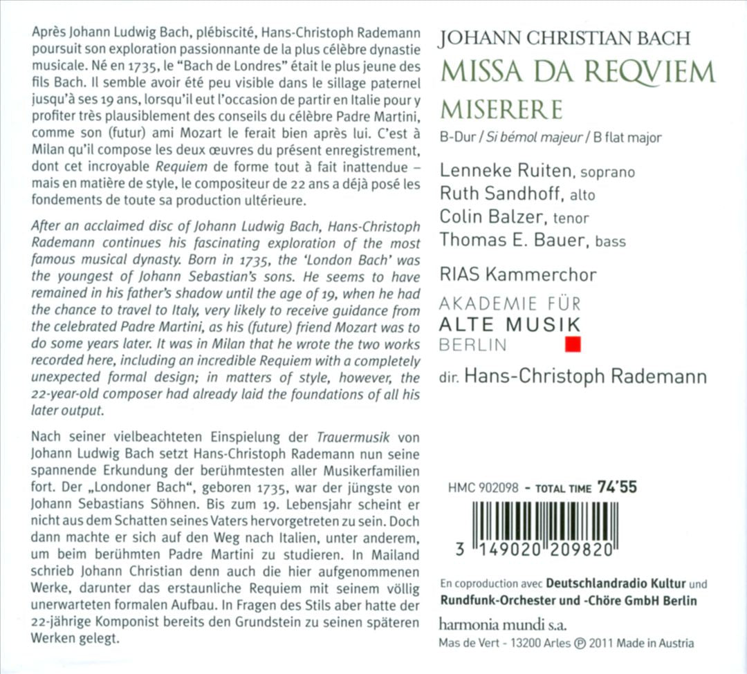 Johann Christian Bach: Missa da Requiem cover art