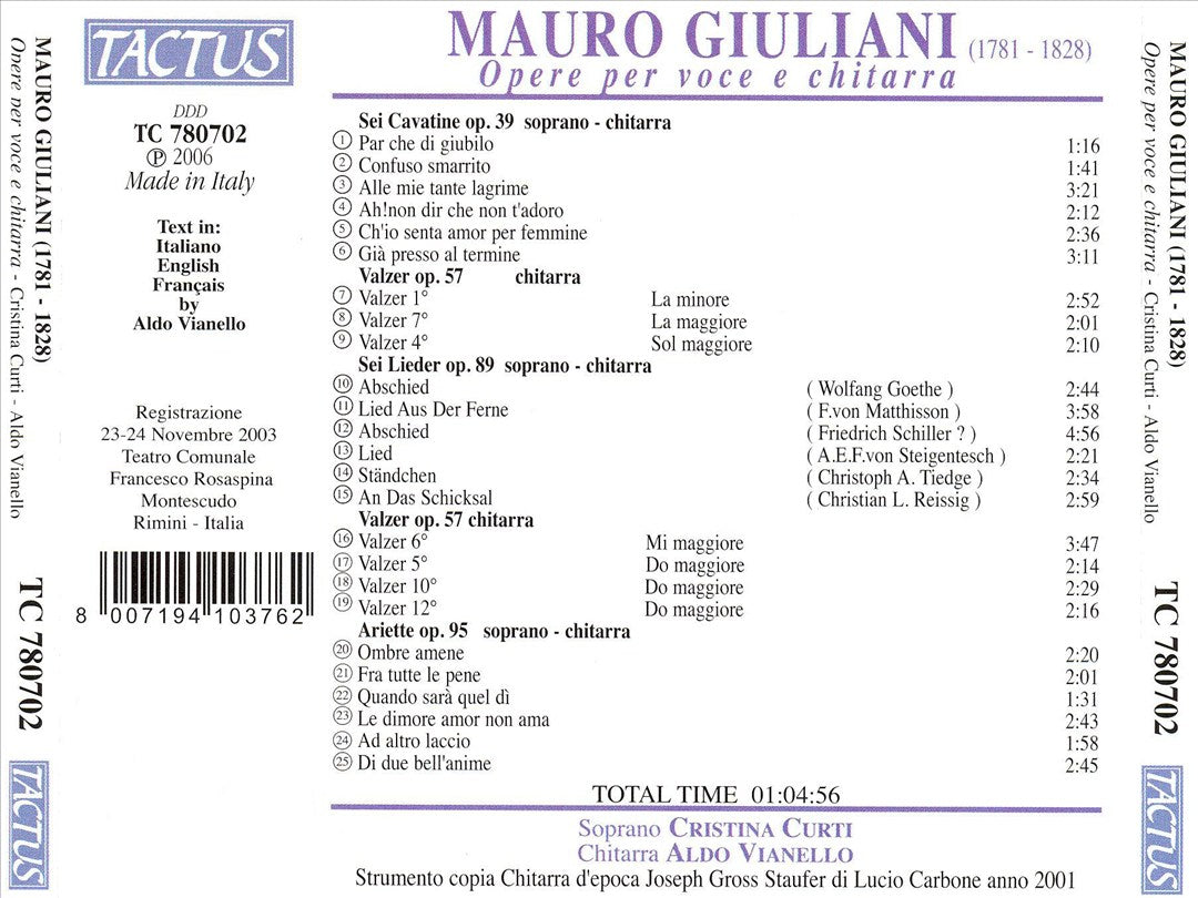 Mauro Giuliani: Opere per voce e chitarra cover art