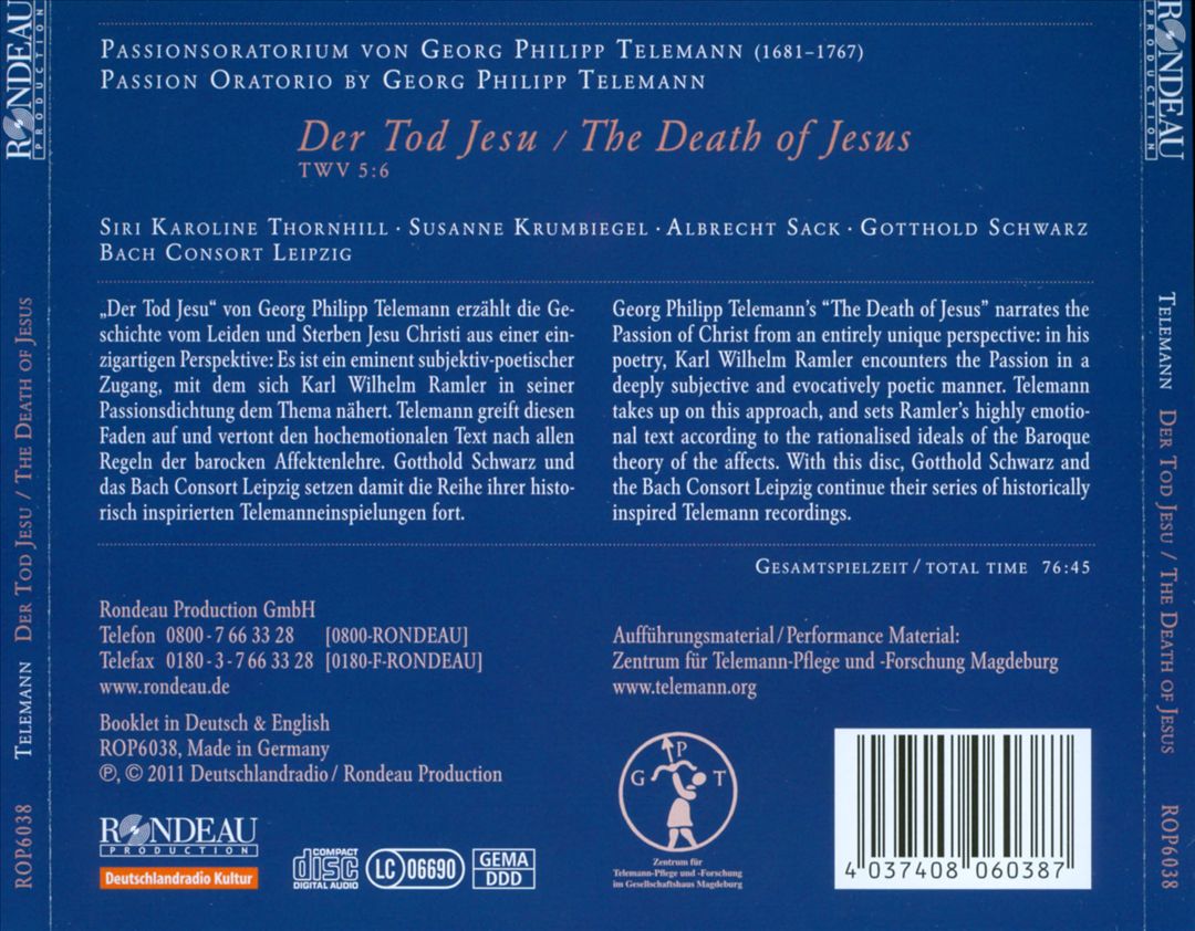 Georg Philipp Telemann: Der Tod Jesu cover art
