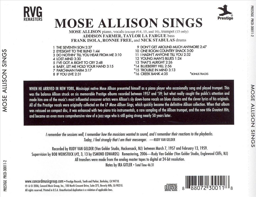 Mose Allison Sings [RVG Remasters] cover art