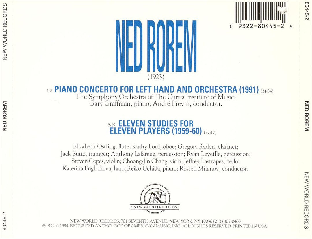 Ned Rorem: Piano Concerto for the Left Hand; Eleven Studies for Eleven Players cover art