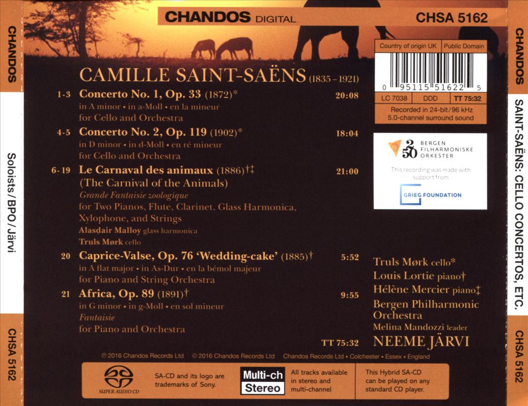 Saint-Saëns: Cello Concertos Nos. 1 and 2; The Carnival of the Animals; Africa; Wedding-cake cover art