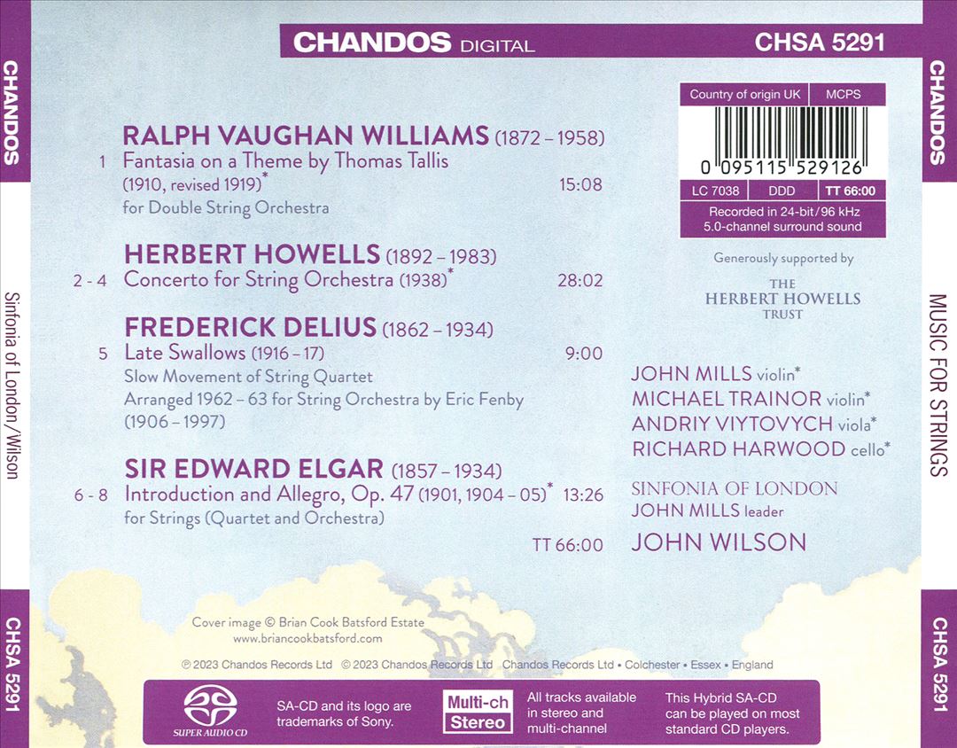 Vaughan Williams: Fantasia on a Theme by Thomas Tallis; Howells: Concerto for String Orchestra; Delius: Late Swallows; Elgar: Introduction and Allegro cover art