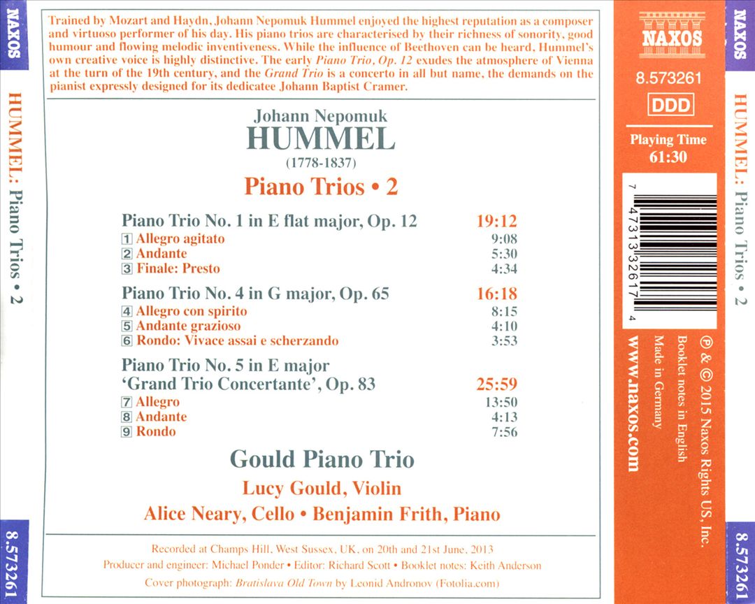 Hummel: Piano Trios, Vol. 2 - Nos. 1, 4 and 5 cover art