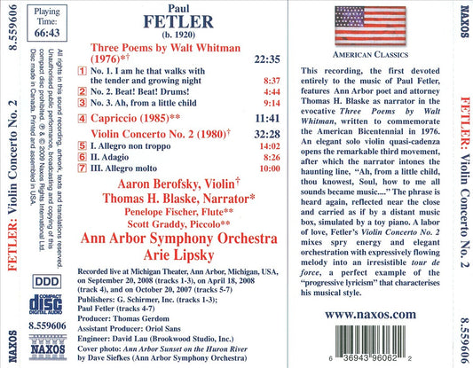 Paul Fetler: Violin Concerto No. 2; Capriccio; 3 Poems by Walt Whitman cover art