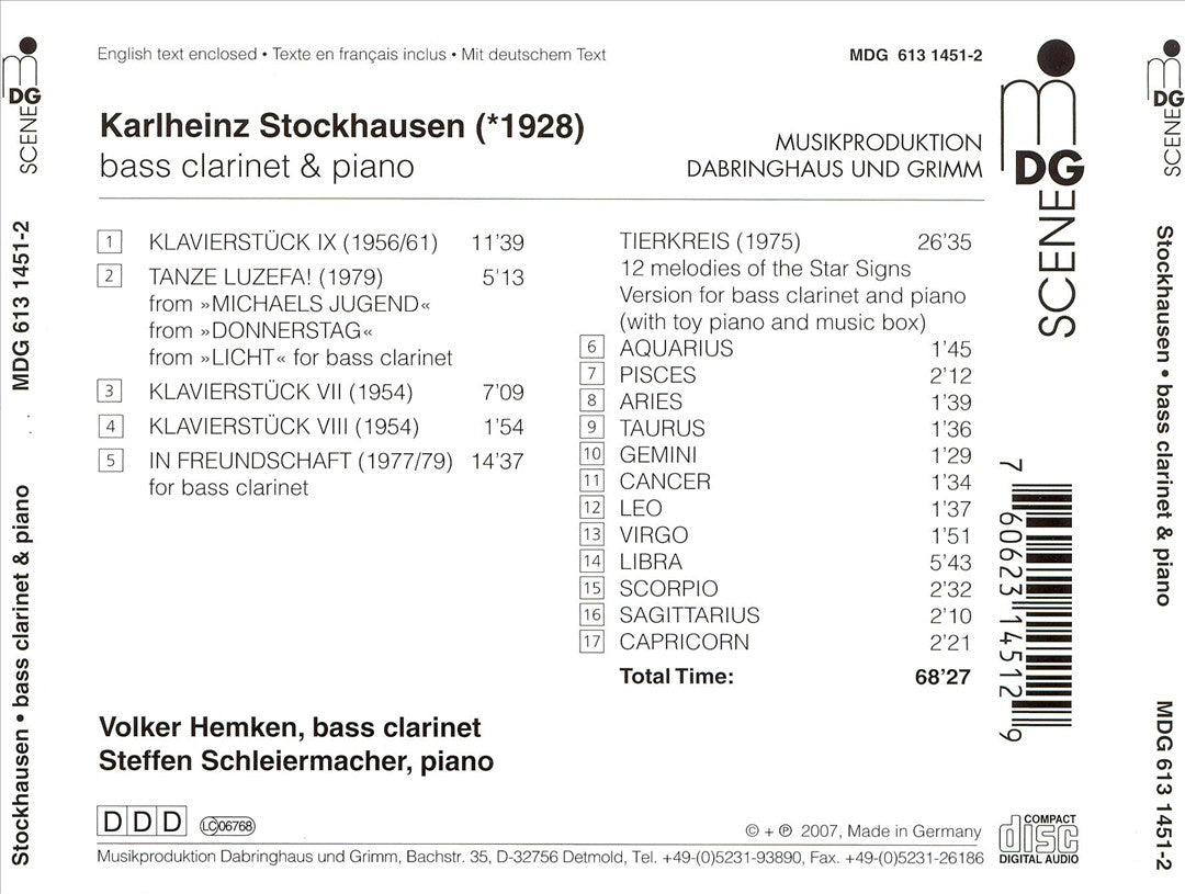 Stockhausen: Bass Clarinet & Piano cover art