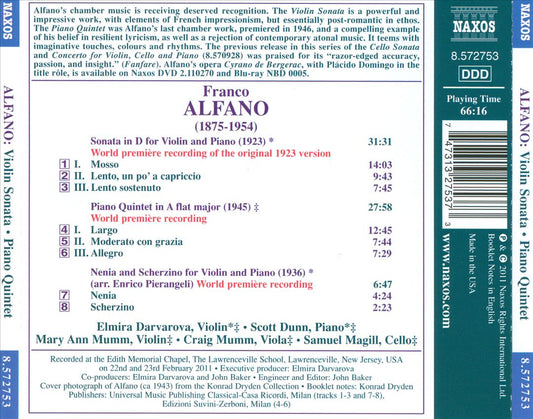 Franco Alfano: Violin Sonata; Piano Quintet; Nenia e Scherzino cover art