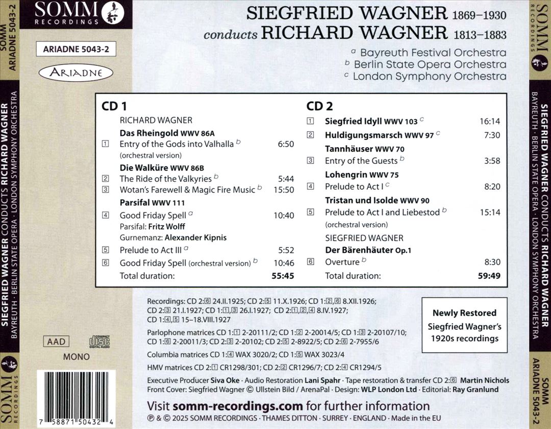 Siegfried Wagner Conducts Richard Wagner [Somm] cover art