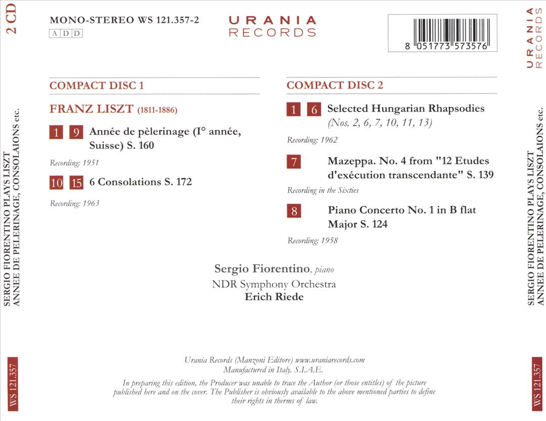 Liszt: Consolations; Selected Hungarian Rhapsody; Suisse, from Année de Pelérinage; Mazeppa; Piano Concerto No. 1 cover art