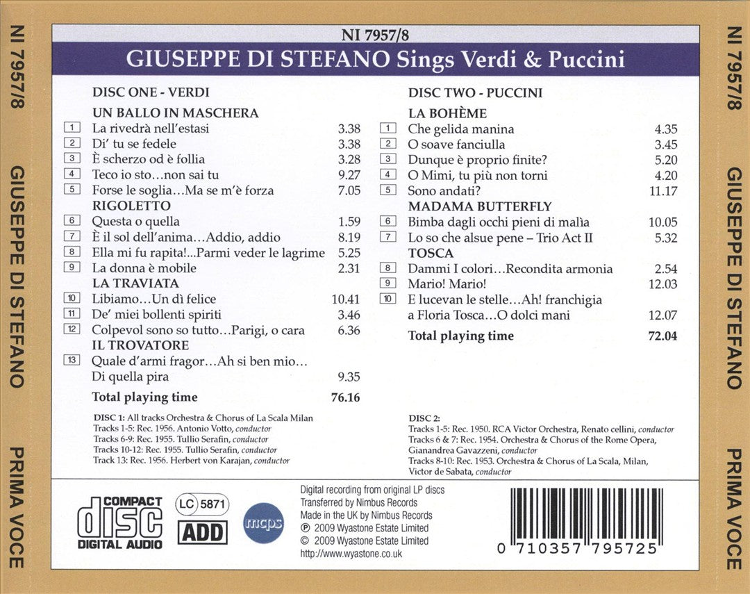Prima Voce: Giuseppe di Stefano sings Verdi & Puccini cover art