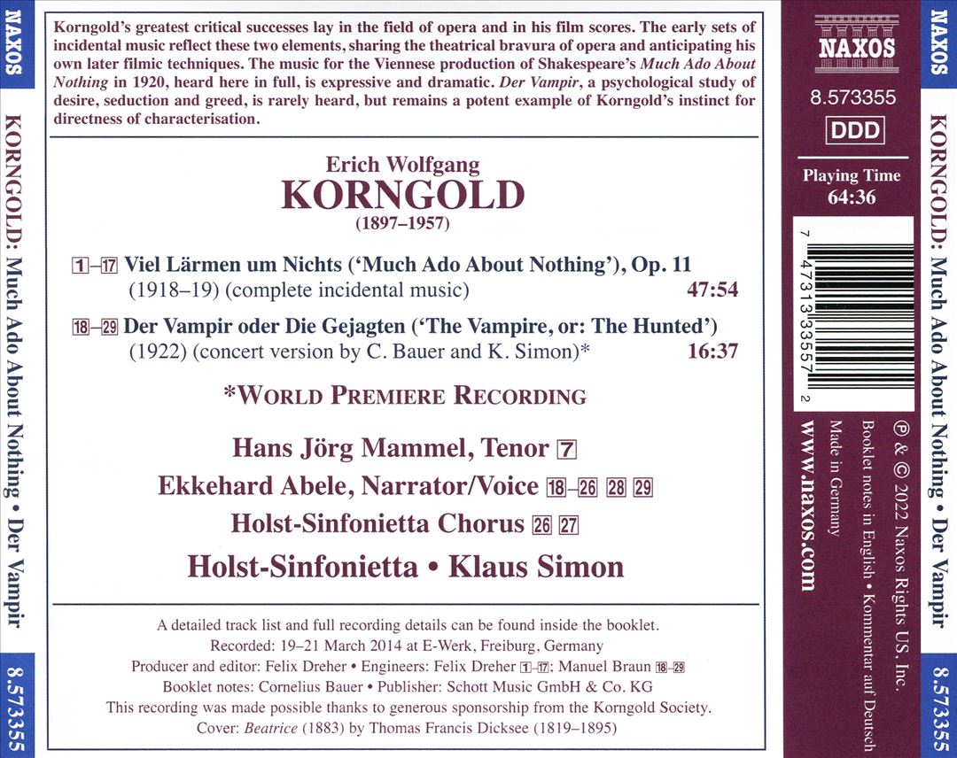 Korngold: Complete Incidental Music - Much Ado About Nothing, Der Vampir cover art