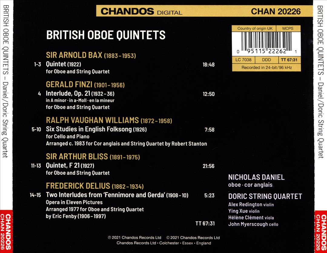British Oboe Quintets: Bax, Bliss, Delius, Finzi, Vaughan Williams cover art