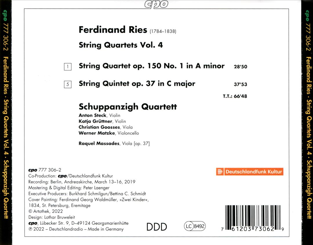 Ferdinand Ries: String Quartets Vol. 4 cover art