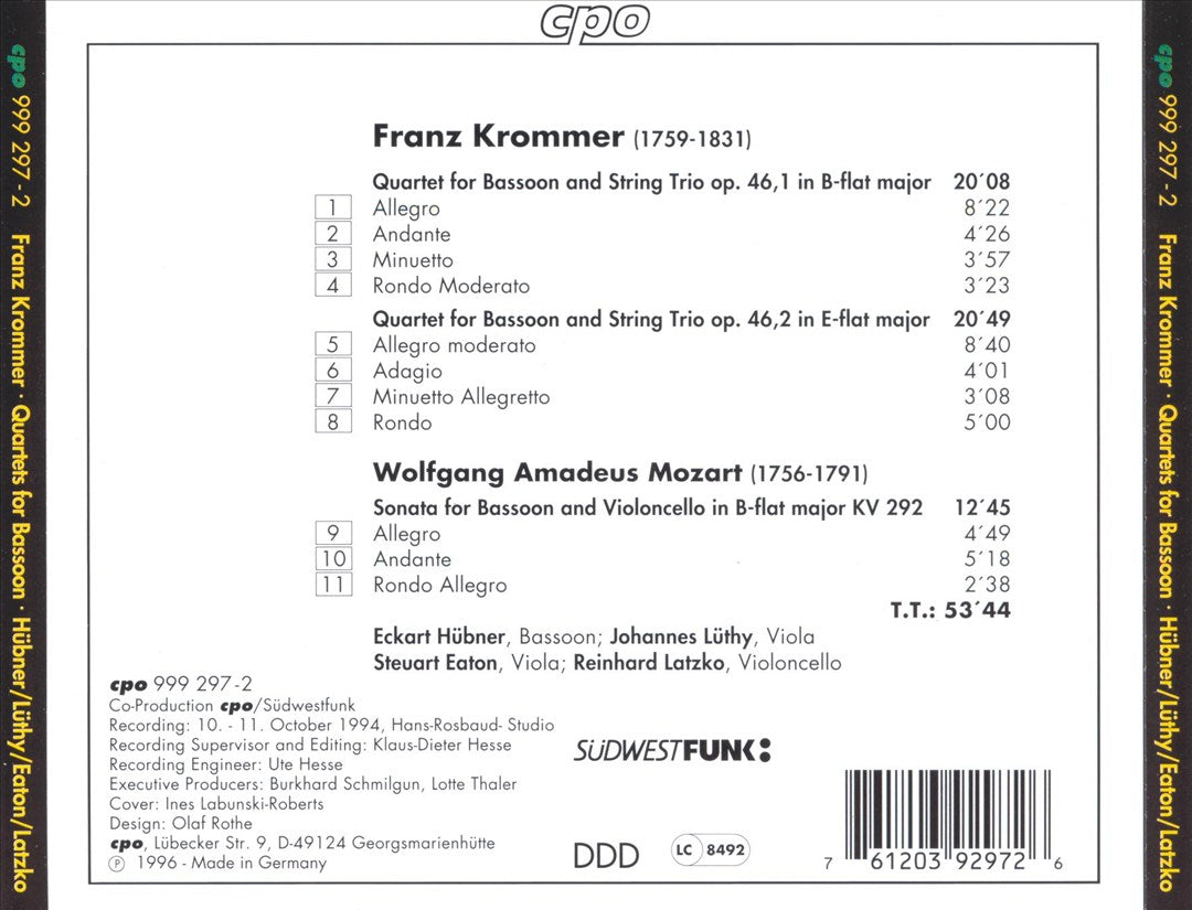 Franz Krommer: Bassoon Quartets, Op. 46; W.A. Mozart: Sonata for Bassoon & Cello cover art