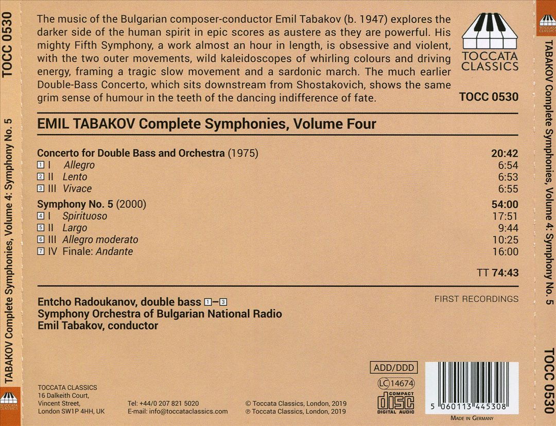 Emil Tabakov: Complete Symphonies, Vol. 4 - Concerto for Double Bass and Orchestra; Symphony No. 5 cover art