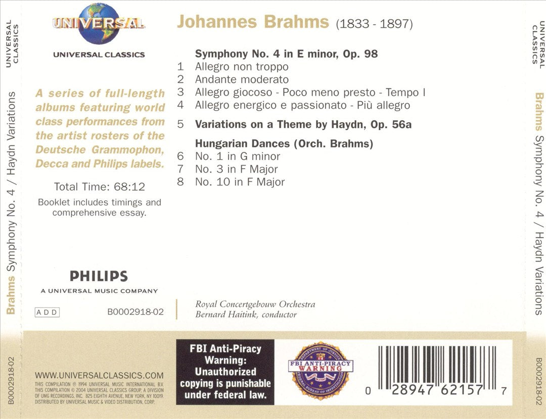 Brahms: Symphony No. 4; Variations on a Theme by Haydn; Hungarian Dances cover art