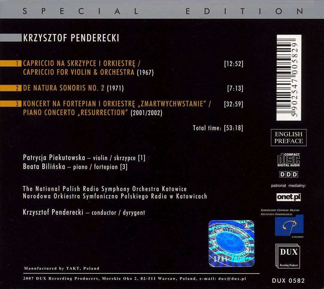 Penderecki: Capriccio; De Natura Sonoris II; Piano Concerto [Special Edition] cover art