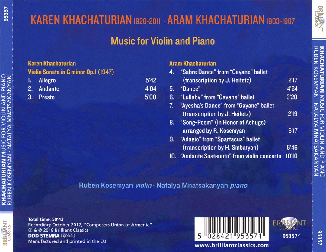 Aram & Karen Khachaturian: Music for Violin and Piano cover art