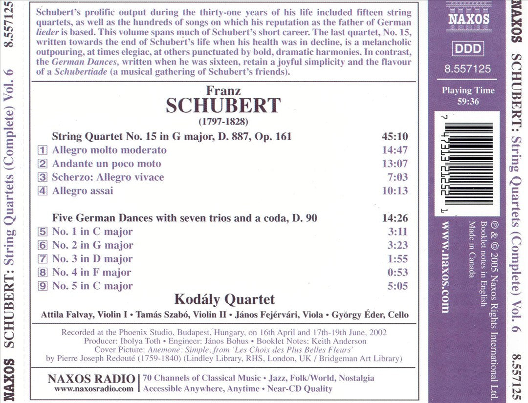 Schubert Complete String Quartets Vol. 6: Quartet No. 15 (1826); Five German Dances with seven trios and a coda, D. 9 cover art