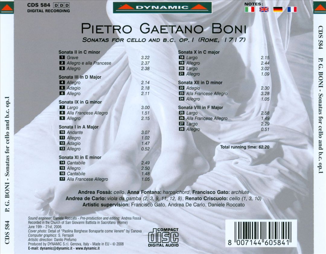 Pietro Gaetano Boni: Sonatas for Cello and B.c., Op. 1 cover art