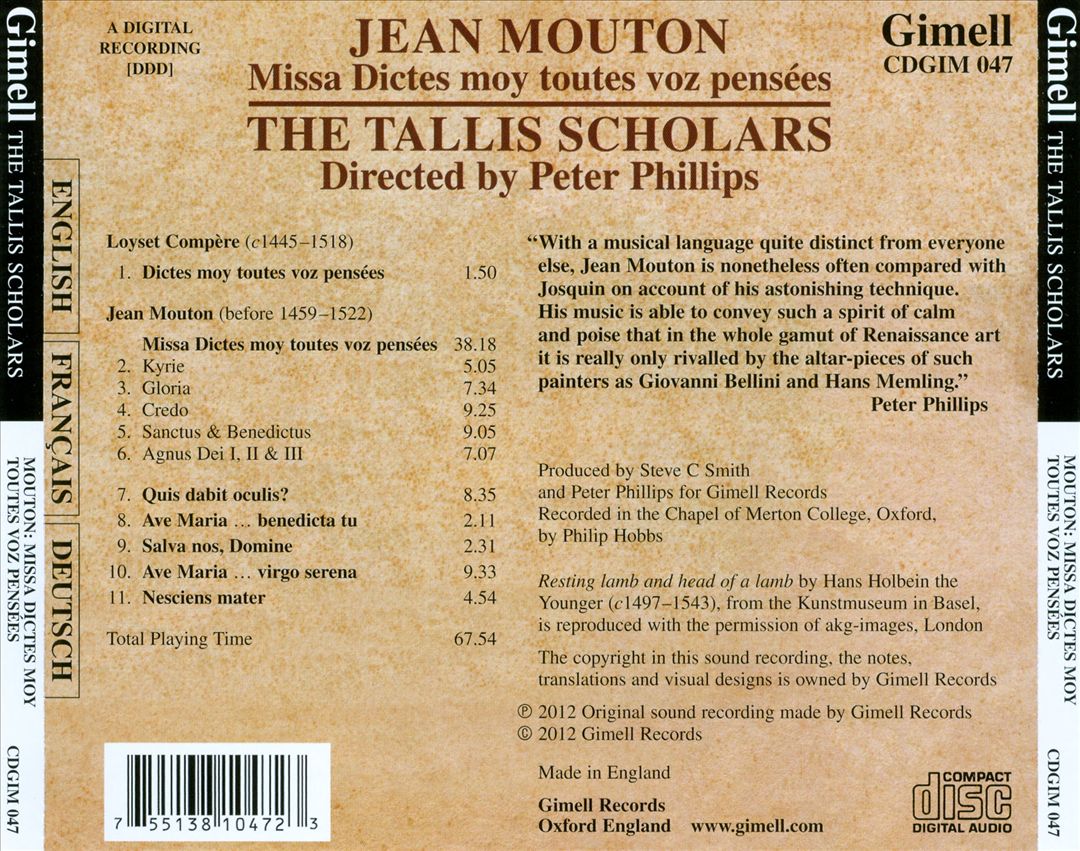 Jean Mouton: Missa Dictes moy toutes voz pensées cover art