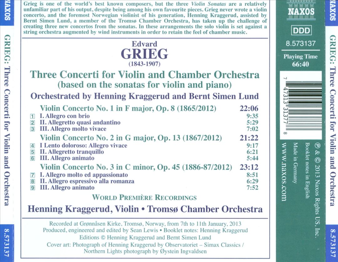 Grieg: Three Concerti for Violin and Chamber Orchestra cover art
