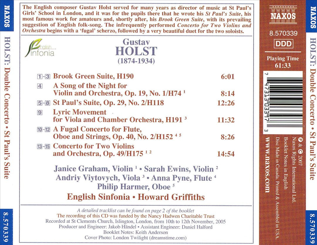 Holst: Double Concerto; St Paul's Suite; Brook Green Suite cover art