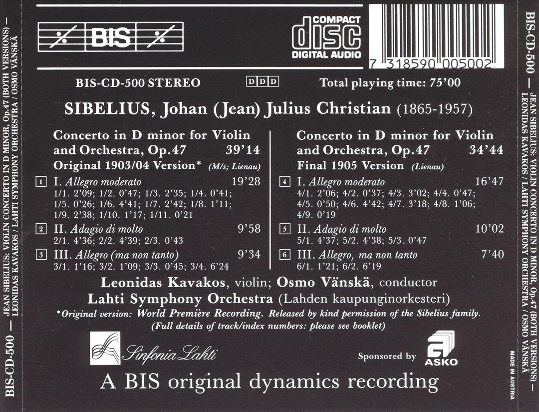 Jean Sibelius: Violin Concerto in D minor (Original Version); Violin Concerto in D minor cover art